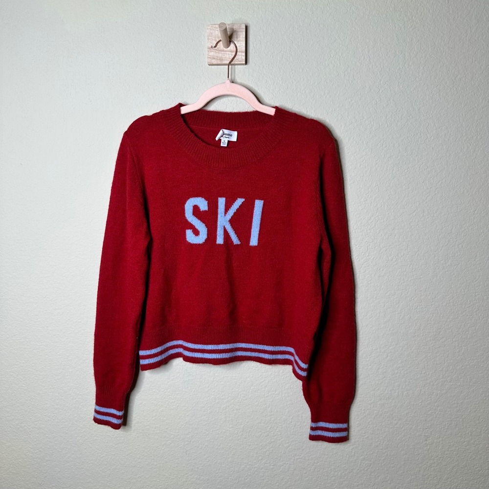 ee:some Los Angeles Red SKI Graphic Crewneck Sweater Striped Trim Mens Medium